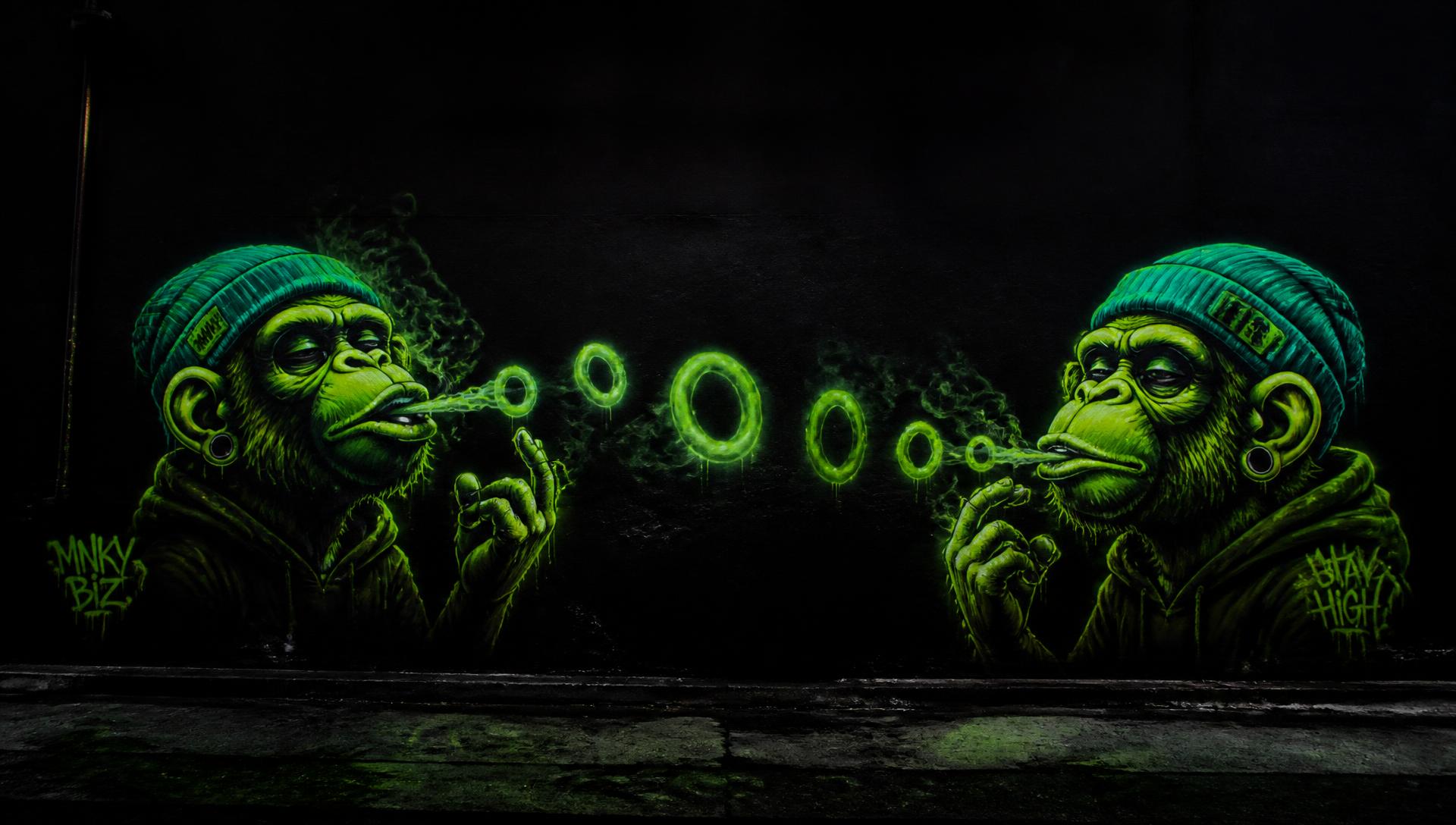 Neon green graffiti monkeys blowing smoke rings, Smoke Monkey street art